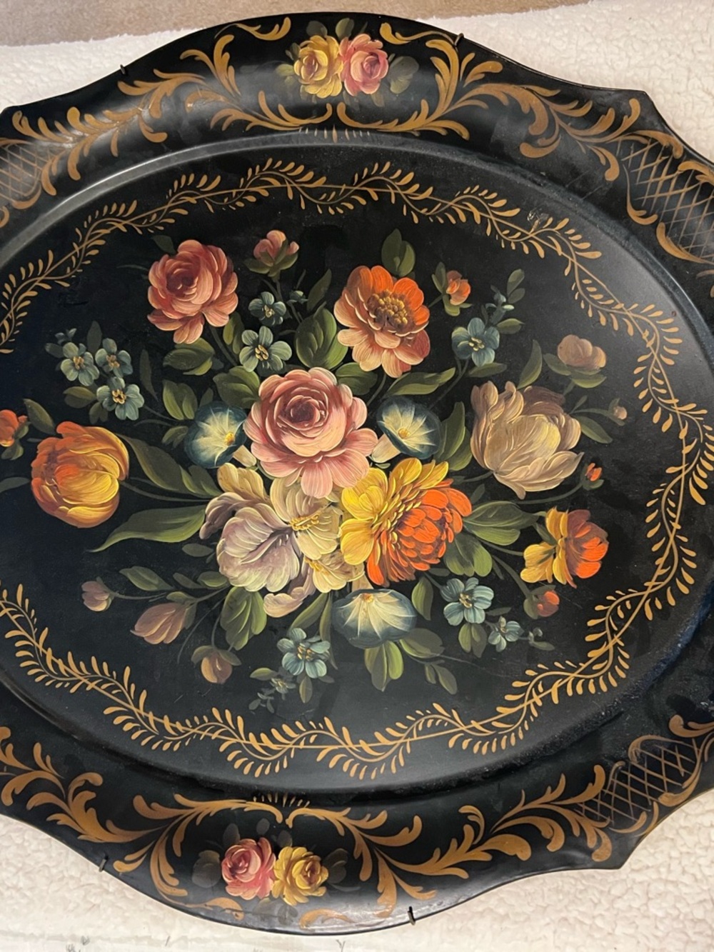Vintage Hand-Painted Floral Metal Serving Tray - Black with Multicolor Bouquet